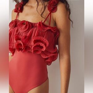 Intimately Free People For the Frill of It Ruffle Bodysuit pink red size small